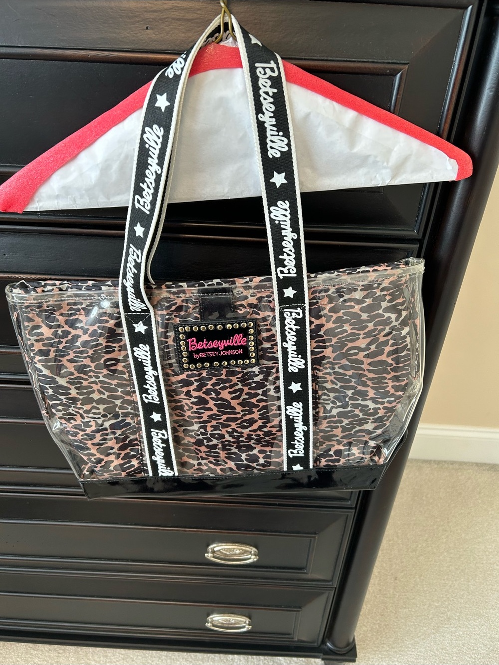 Betsey Johnson Clear Tote with Leopard Insert and Black Branded Straps